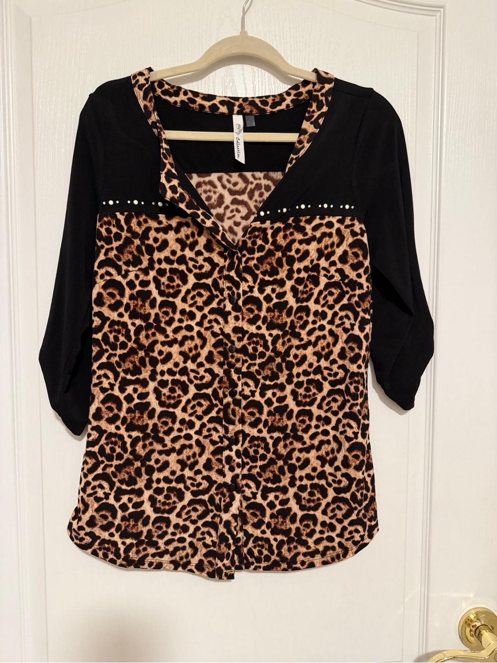 NY Collection Leopard Print Button-Front Blouse with Black Accents